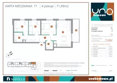 4 pokoje, mieszkanie 71,49 m², piętro 3, oferta nr 71, UNO Bemowo, Warszawa, Bemowo, Bemowo-Lotnisko, ul. Powstańców Śląskich