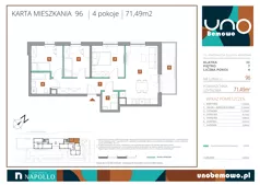 4 pokoje, mieszkanie 71,49 m², piętro 7, oferta nr 96, UNO Bemowo, Warszawa, Bemowo, Bemowo-Lotnisko, ul. Powstańców Śląskich