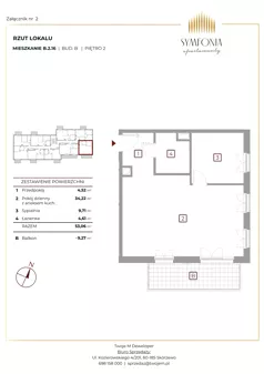 2 pokoje, mieszkanie 53,06 m², piętro 2, oferta nr B.2.16, Apartamenty Symfonia etap 1, Skórzewo, ul. Mozarta 2
