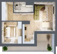 2 pokoje, mieszkanie 46,26 m², piętro 1, oferta nr E.1.1, Panorama Bańgów Etap II, Siemianowice Śląskie, Bańgów, ul. Bańgowska 32