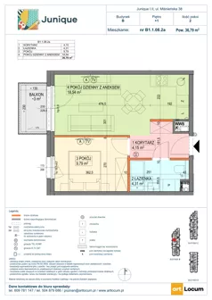 2 pokoje, mieszkanie 36,79 m², piętro 1, oferta nr B1.1.08.2a, Junique I.II, Poznań, Grunwald, Junikowo, ul. Miśnieńska 38, 39, 43