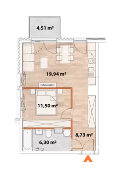 2 pokoje, mieszkanie 46,19 m², piętro 4, oferta nr 43/POR-B.04.03, Apartamenty Portowa, Kraków, Podgórze, Zabłocie, ul. Portowa 43