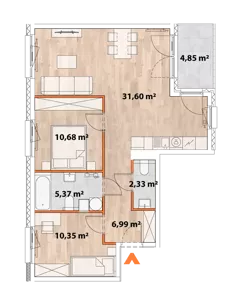 3 pokoje, mieszkanie 66,95 m², piętro 2, oferta nr 43/POR-B.02.04, Apartamenty Portowa, Kraków, Podgórze, Zabłocie, ul. Portowa 43