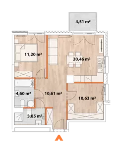 3 pokoje, mieszkanie 60,91 m², piętro 6, oferta nr 43/POR-B.06.02, Apartamenty Portowa, Kraków, Podgórze, Zabłocie, ul. Portowa 43