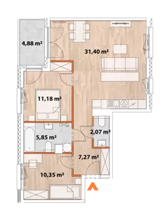 3 pokoje, mieszkanie 67,66 m², piętro 5, oferta nr 43/POR-B.05.04, Apartamenty Portowa, Kraków, Podgórze, Zabłocie, ul. Portowa 43