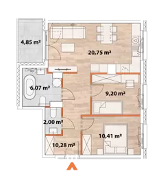 3 pokoje, mieszkanie 58,34 m², piętro 2, oferta nr 43/POR-B.02.01, Apartamenty Portowa, Kraków, Podgórze, Zabłocie, ul. Portowa 43