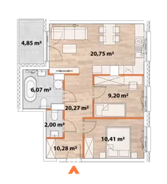 3 pokoje, mieszkanie 58,24 m², piętro 1, oferta nr 43/POR-B.01.01, Apartamenty Portowa, Kraków, Podgórze, Zabłocie, ul. Portowa 43