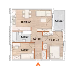 3 pokoje, mieszkanie 53,68 m², piętro 1, oferta nr 43/POR-A.01.07, Apartamenty Portowa, Kraków, Podgórze, Zabłocie, ul. Portowa 43
