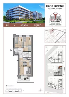3 pokoje, mieszkanie 46,97 m², piętro 1, oferta nr 4, Urok Jagienki bud B2, Białystok, Sienkiewicza, ul. Jagienki/ Chmielna