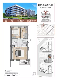 3 pokoje, mieszkanie 63,48 m², piętro 4, oferta nr 15, Urok Jagienki bud B2, Białystok, Sienkiewicza, ul. Jagienki/ Chmielna