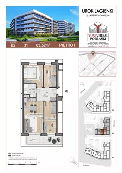 4 pokoje, mieszkanie 63,52 m², piętro 1, oferta nr 31, Urok Jagienki bud B2, Białystok, Sienkiewicza, ul. Jagienki/ Chmielna