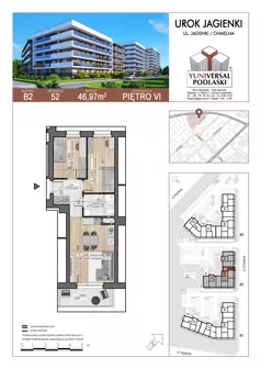 3 pokoje, mieszkanie 46,97 m², piętro 6, oferta nr 52, Urok Jagienki bud B2, Białystok, Sienkiewicza, ul. Jagienki/ Chmielna