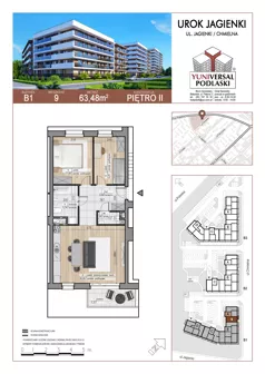 3 pokoje, mieszkanie 63,48 m², piętro 2, oferta nr 9, Urok Jagienki bud B1, Białystok, Sienkiewicza, ul. Jagienki/ Chmielna