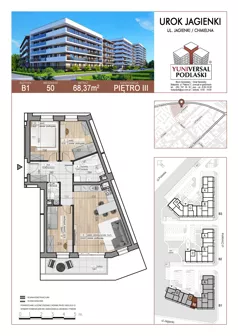 4 pokoje, mieszkanie 68,37 m², piętro 3, oferta nr 50, Urok Jagienki bud B1, Białystok, Sienkiewicza, ul. Jagienki/ Chmielna