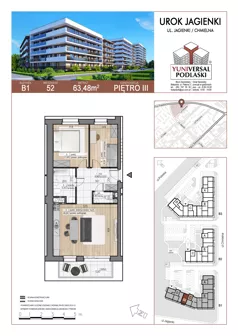 3 pokoje, mieszkanie 63,48 m², piętro 3, oferta nr 52, Urok Jagienki bud B1, Białystok, Sienkiewicza, ul. Jagienki/ Chmielna
