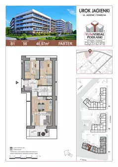 3 pokoje, mieszkanie 46,97 m², parter, oferta nr 56, Urok Jagienki bud B1, Białystok, Sienkiewicza, ul. Jagienki/ Chmielna