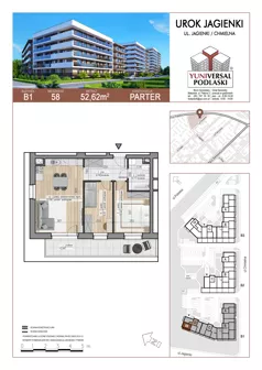 3 pokoje, mieszkanie 52,62 m², parter, oferta nr 58, Urok Jagienki bud B1, Białystok, Sienkiewicza, ul. Jagienki/ Chmielna