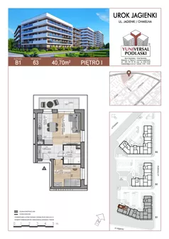 2 pokoje, mieszkanie 40,70 m², piętro 1, oferta nr 63, Urok Jagienki bud B1, Białystok, Sienkiewicza, ul. Jagienki/ Chmielna