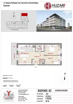 3 pokoje, mieszkanie 67,81 m², piętro 1, oferta nr B2/2, Huzar B1 i B2, Białystok, Bacieczki, ul. Hugona Kołłątaja / kpt. Kazimierza Kamieńskiego