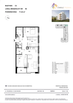 4 pokoje, mieszkanie 71,44 m², piętro 3, oferta nr C3-056, Osiedle Mozaika, Kraków, Prądnik Biały, ul. Pękowicka
