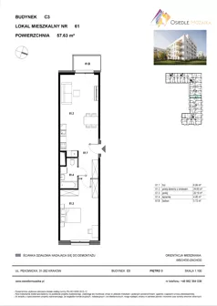 2 pokoje, mieszkanie 57,63 m², piętro 3, oferta nr C3-061, Osiedle Mozaika, Kraków, Prądnik Biały, ul. Pękowicka