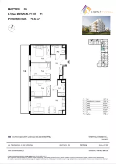 4 pokoje, mieszkanie 70,84 m², piętro 4, oferta nr C3-071, Osiedle Mozaika, Kraków, Prądnik Biały, ul. Pękowicka