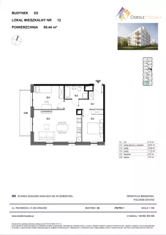 3 pokoje, mieszkanie 59,44 m², piętro 1, oferta nr D2-012, Osiedle Mozaika, Kraków, Prądnik Biały, ul. Pękowicka