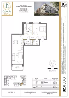 3 pokoje, mieszkanie 67,28 m², piętro 1, oferta nr 21, Osiedle Sfera - Etap II, Dawidy Bankowe, ul. Oleńki 14