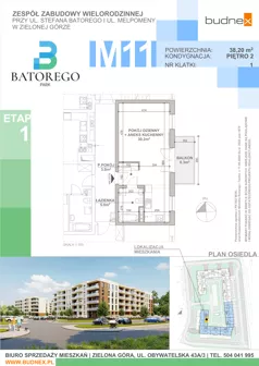 1 pokój, mieszkanie 38,20 m², piętro 2, oferta nr 1/M11, Batorego Park - Etap 1, Zielona Góra, Osiedle na Olimpie, ul. Stefana Batorego