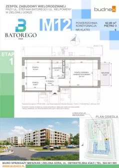 3 pokoje, mieszkanie 62,80 m², piętro 3, oferta nr 6/M12, Batorego Park - Etap 1, Zielona Góra, Osiedle na Olimpie, ul. Stefana Batorego