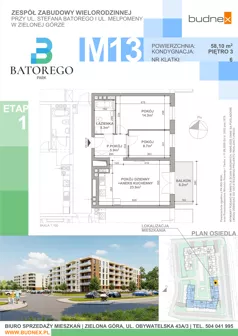 3 pokoje, mieszkanie 58,10 m², piętro 3, oferta nr 6/M13, Batorego Park - Etap 1, Zielona Góra, Osiedle na Olimpie, ul. Stefana Batorego