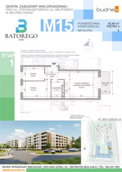 3 pokoje, mieszkanie 62,80 m², piętro 3, oferta nr 6/M15, Batorego Park - Etap 1, Zielona Góra, Osiedle na Olimpie, ul. Stefana Batorego