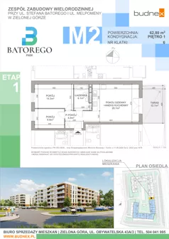 3 pokoje, mieszkanie 62,80 m², piętro 1, oferta nr 6/M2, Batorego Park - Etap 1, Zielona Góra, Osiedle na Olimpie, ul. Stefana Batorego