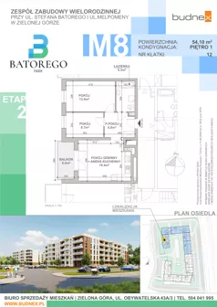 3 pokoje, mieszkanie 54,10 m², piętro 1, oferta nr 12/M8, Batorego Park - Etap 2, Zielona Góra, Osiedle na Olimpie, ul. Stefana Batorego