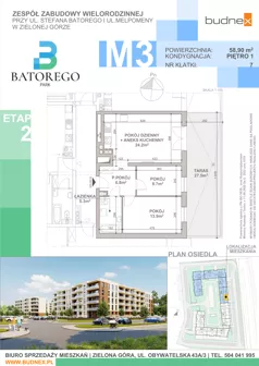 3 pokoje, mieszkanie 58,90 m², piętro 1, oferta nr 7/M3, Batorego Park - Etap 2, Zielona Góra, Osiedle na Olimpie, ul. Stefana Batorego