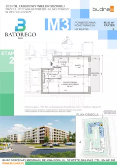2 pokoje, mieszkanie 45,30 m², parter, oferta nr 9/M3, Batorego Park - Etap 2, Zielona Góra, Osiedle na Olimpie, ul. Stefana Batorego
