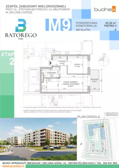 2 pokoje, mieszkanie 45,30 m², piętro 2, oferta nr 9/M9, Batorego Park - Etap 2, Zielona Góra, Osiedle na Olimpie, ul. Stefana Batorego