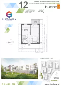 2 pokoje, mieszkanie 36,85 m², piętro 1, oferta nr 1/M12, Cukrownia Apartamenty - Etap IV, Szczecin, Zachód, Gumieńce, ul. Floriana Krygiera