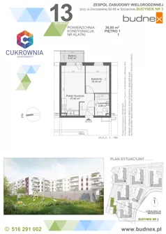 2 pokoje, mieszkanie 36,85 m², piętro 1, oferta nr 1/M13, Cukrownia Apartamenty - Etap IV, Szczecin, Zachód, Gumieńce, ul. Floriana Krygiera