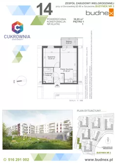 2 pokoje, mieszkanie 36,85 m², piętro 1, oferta nr 1/M14, Cukrownia Apartamenty - Etap IV, Szczecin, Zachód, Gumieńce, ul. Floriana Krygiera