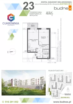 2 pokoje, mieszkanie 42,70 m², piętro 2, oferta nr 1/M23, Cukrownia Apartamenty - Etap IV, Szczecin, Zachód, Gumieńce, ul. Floriana Krygiera