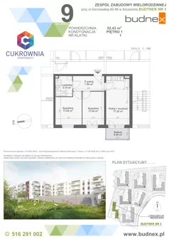 3 pokoje, mieszkanie 52,43 m², piętro 1, oferta nr 1/M9, Cukrownia Apartamenty - Etap IV, Szczecin, Zachód, Gumieńce, ul. Floriana Krygiera