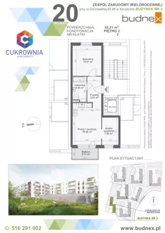 3 pokoje, mieszkanie 52,21 m², piętro 3, oferta nr 2/M20, Cukrownia Apartamenty - Etap IV, Szczecin, Zachód, Gumieńce, ul. Floriana Krygiera