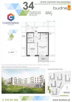 2 pokoje, mieszkanie 36,85 m², piętro 3, oferta nr 3/M34, Cukrownia Apartamenty - Etap IV, Szczecin, Zachód, Gumieńce, ul. Floriana Krygiera