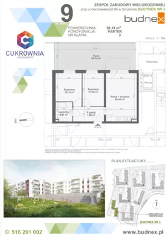 3 pokoje, mieszkanie 58,19 m², parter, oferta nr 3/M9, Cukrownia Apartamenty - Etap IV, Szczecin, Zachód, Gumieńce, ul. Floriana Krygiera