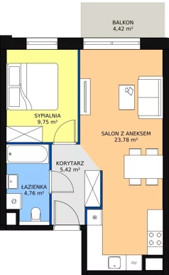 2 pokoje, mieszkanie 43,71 m², piętro 1, oferta nr B1.3.1, Sedina Apartamenty - Etap I, Szczecin, Śródmieście, Międzyodrze-Wyspa Pucka, ul. Maklerska