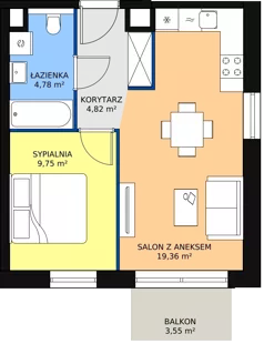 2 pokoje, mieszkanie 38,71 m², piętro 5, oferta nr B3.7.3, Sedina Apartamenty - Etap I, Szczecin, Śródmieście, Międzyodrze-Wyspa Pucka, ul. Maklerska