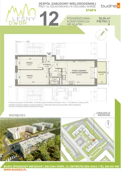 3 pokoje, mieszkanie 56,90 m², piętro 3, oferta nr 6/M12, Leśny Dwór Etap 2, Zielona Góra, Osiedle Leśny Dwór, ul. Szlachecka
