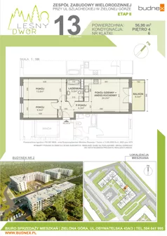 3 pokoje, mieszkanie 56,90 m², piętro 4, oferta nr 6/M13, Leśny Dwór Etap 2, Zielona Góra, Osiedle Leśny Dwór, ul. Szlachecka