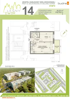 2 pokoje, mieszkanie 40,20 m², piętro 4, oferta nr 6/M14, Leśny Dwór Etap 2, Zielona Góra, Osiedle Leśny Dwór, ul. Szlachecka